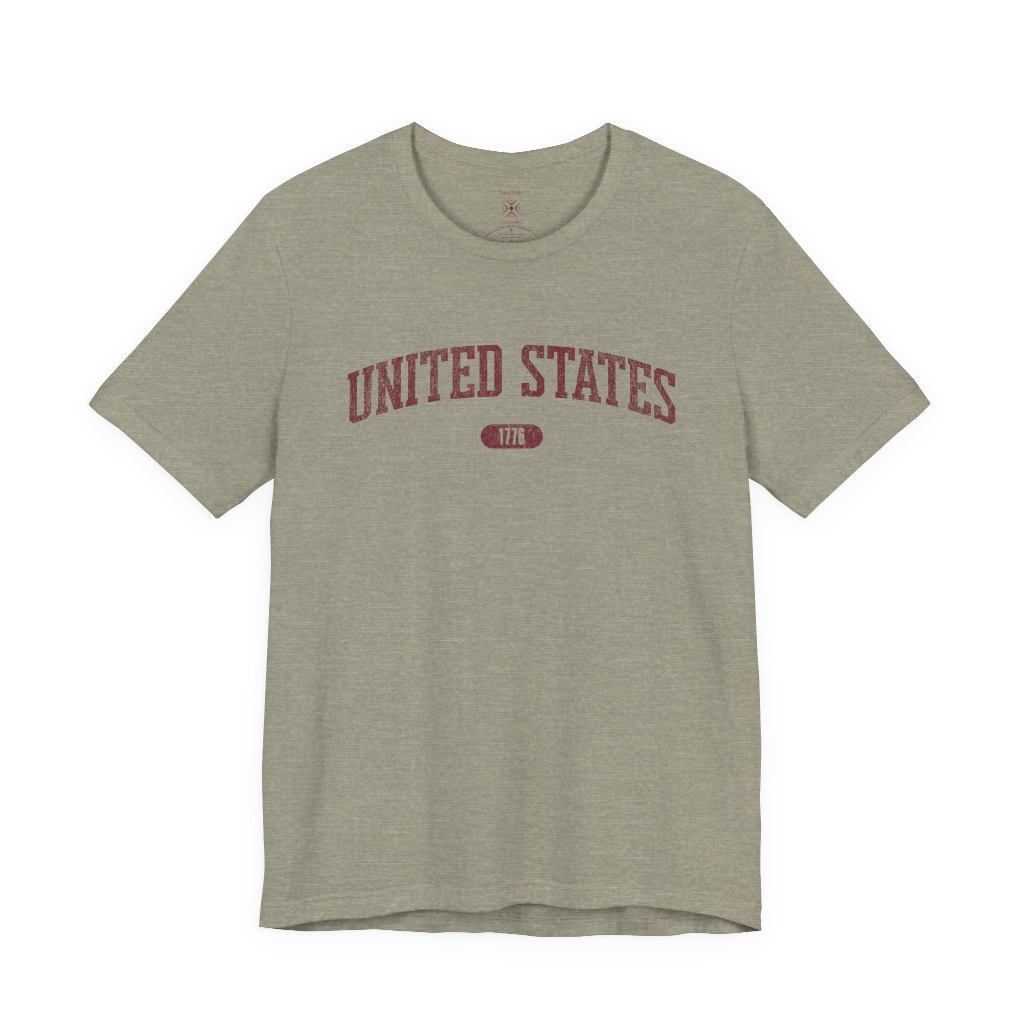 Heather Stone t-shirt with 'UNITED STATES 1776' in burgundy collegiate text.