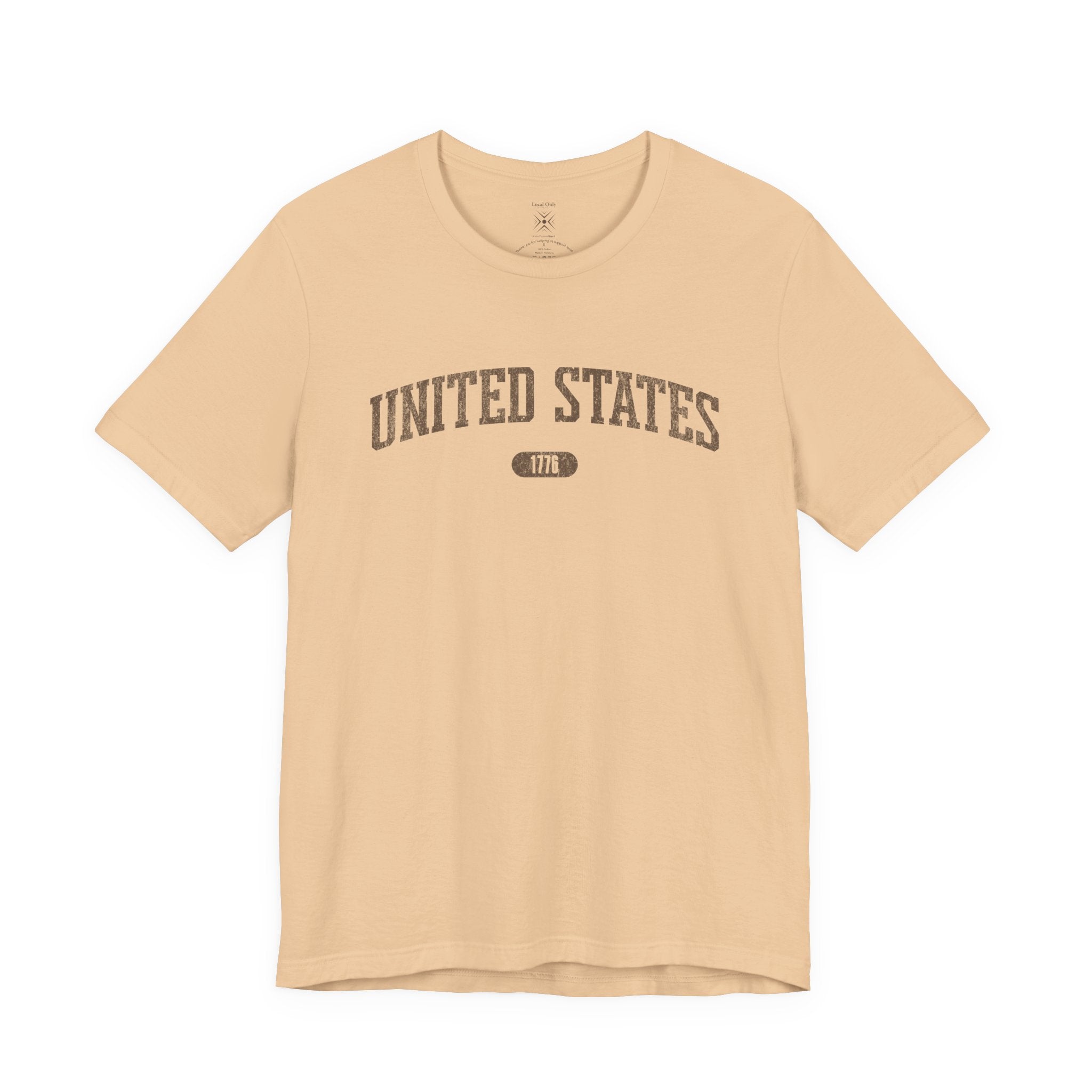Sand Dune t-shirt with 'UNITED STATES 1776' in brown collegiate text.