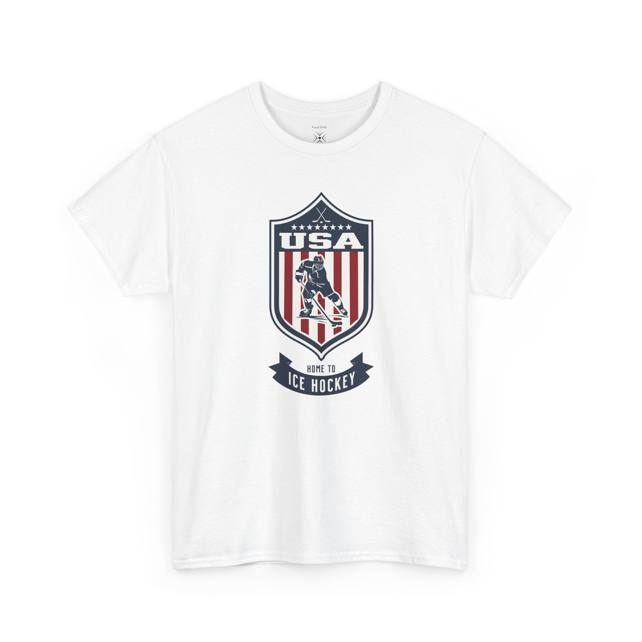USA Home To Ice Hockey Vintage Athletic T-Shirt – Navy Red White Crest Graphic