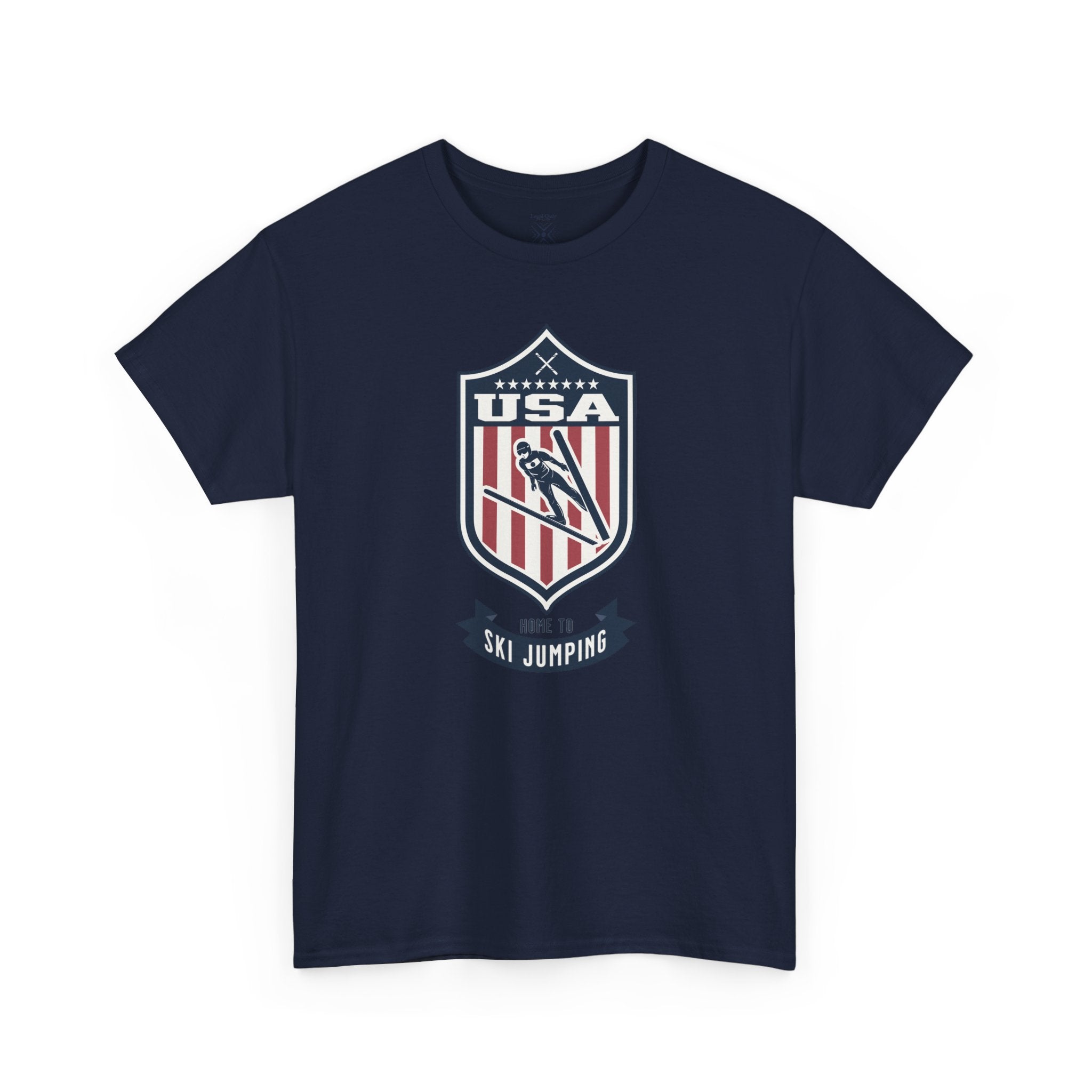 USA Home To Ski Jumping Vintage Athletic T-Shirt – Navy Red White Crest Graphic