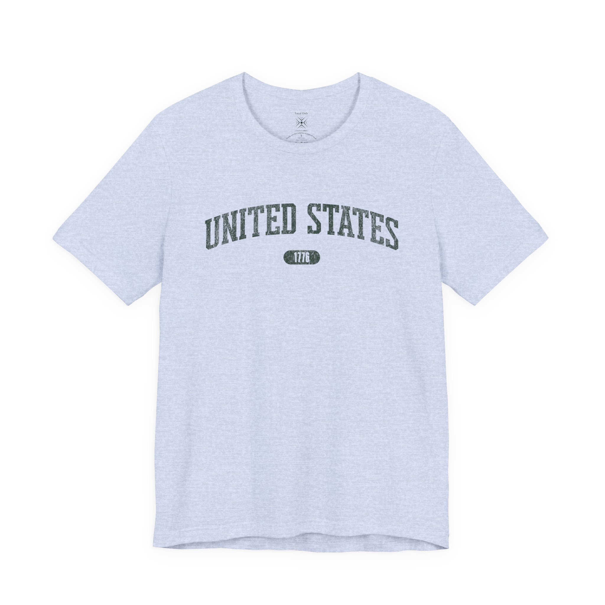 Heather Prism Blue t-shirt with 'UNITED STATES 1776' in forest green collegiate text.