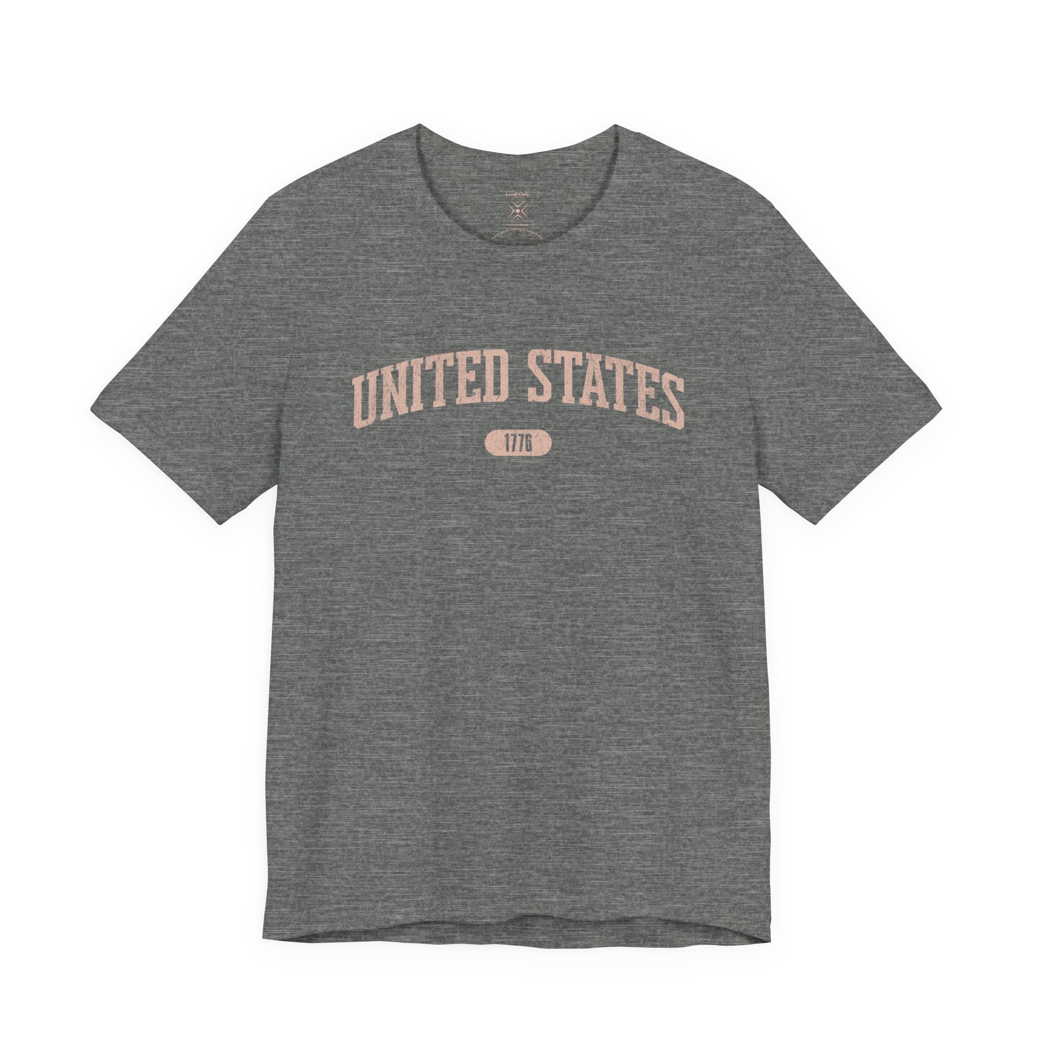 Deep Heather t-shirt with 'UNITED STATES 1776' in transcendent pink collegiate text.