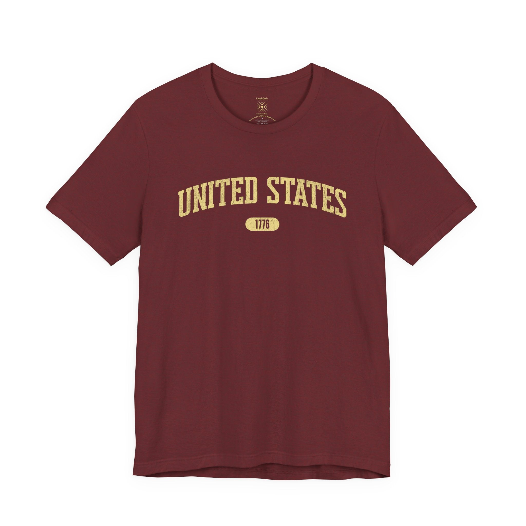 Heather Cardinal t-shirt with 'UNITED STATES 1776' in yellow collegiate text.