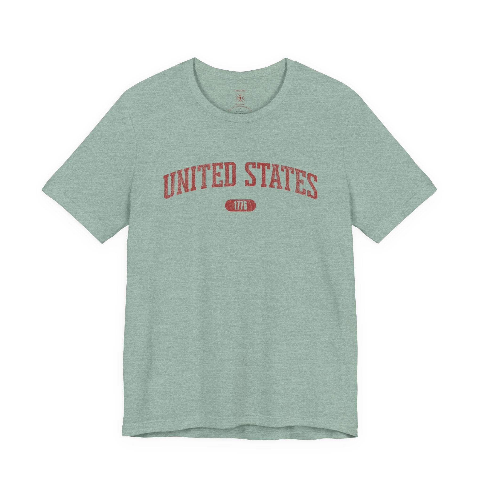 Heather Prism Dusty Blue t-shirt with 'UNITED STATES 1776' in red collegiate text
