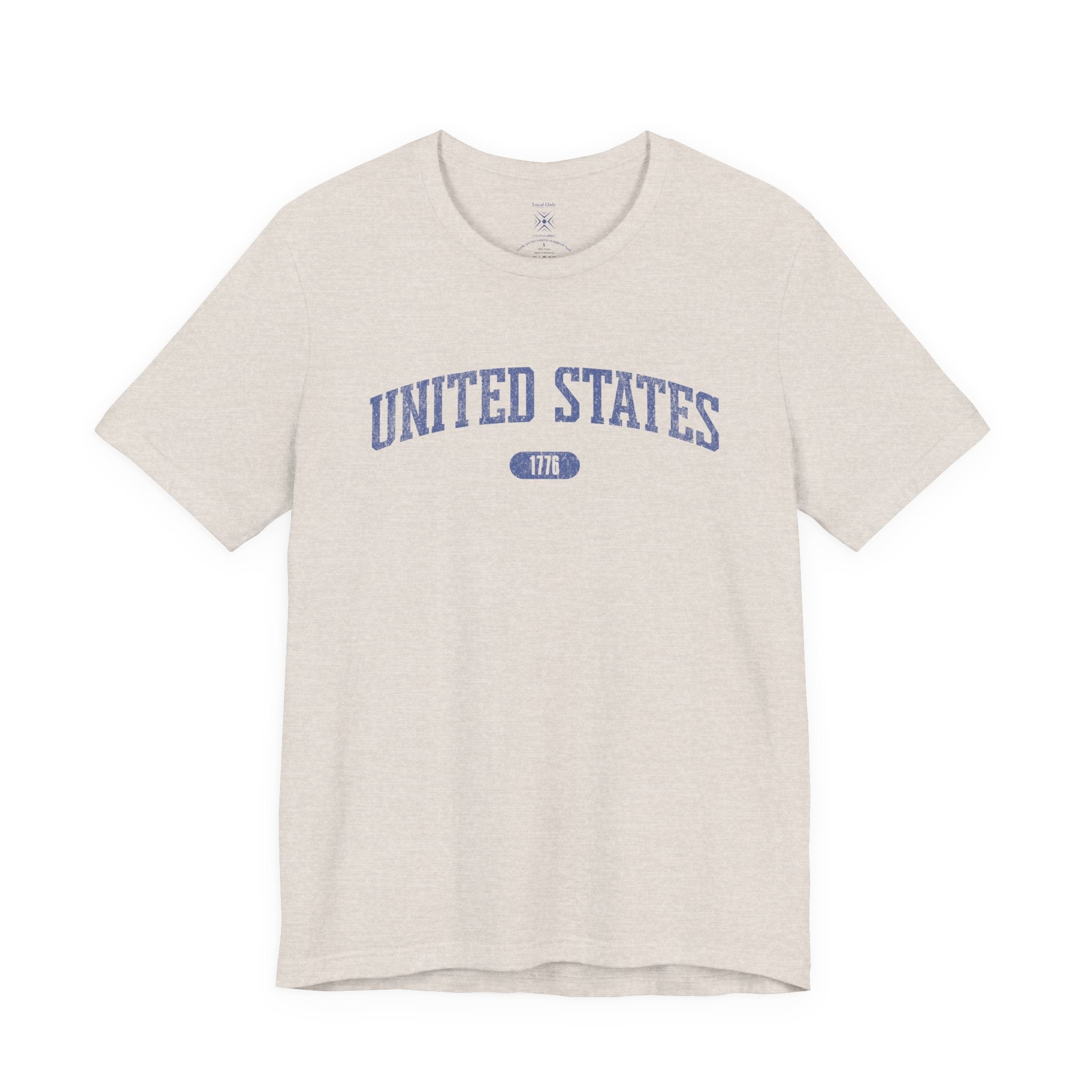 Heather Dust t-shirt with 'UNITED STATES 1776' in blue collegiate text.