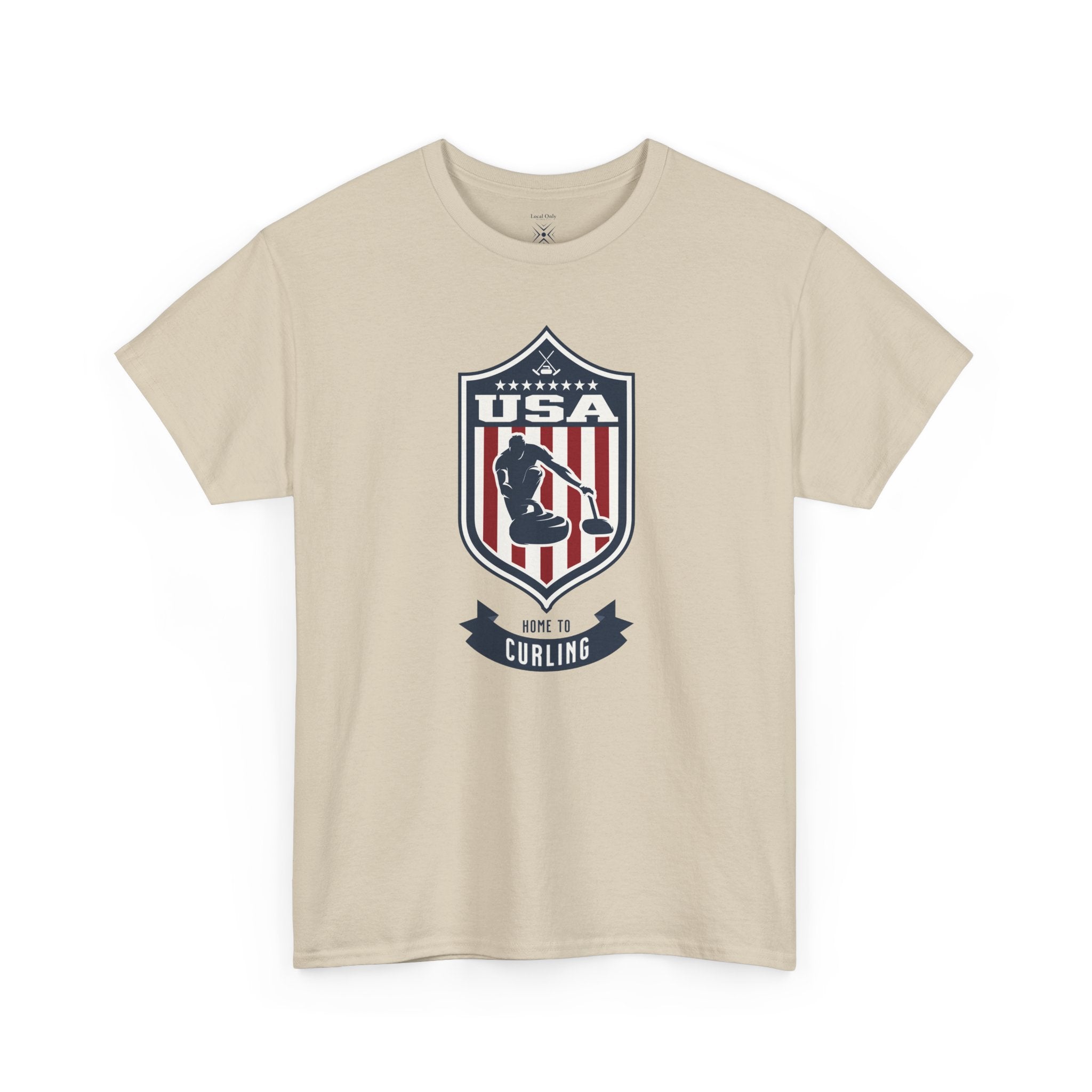 USA Home To Curling Vintage Athletic T-Shirt – Navy Red White Crest Graphic