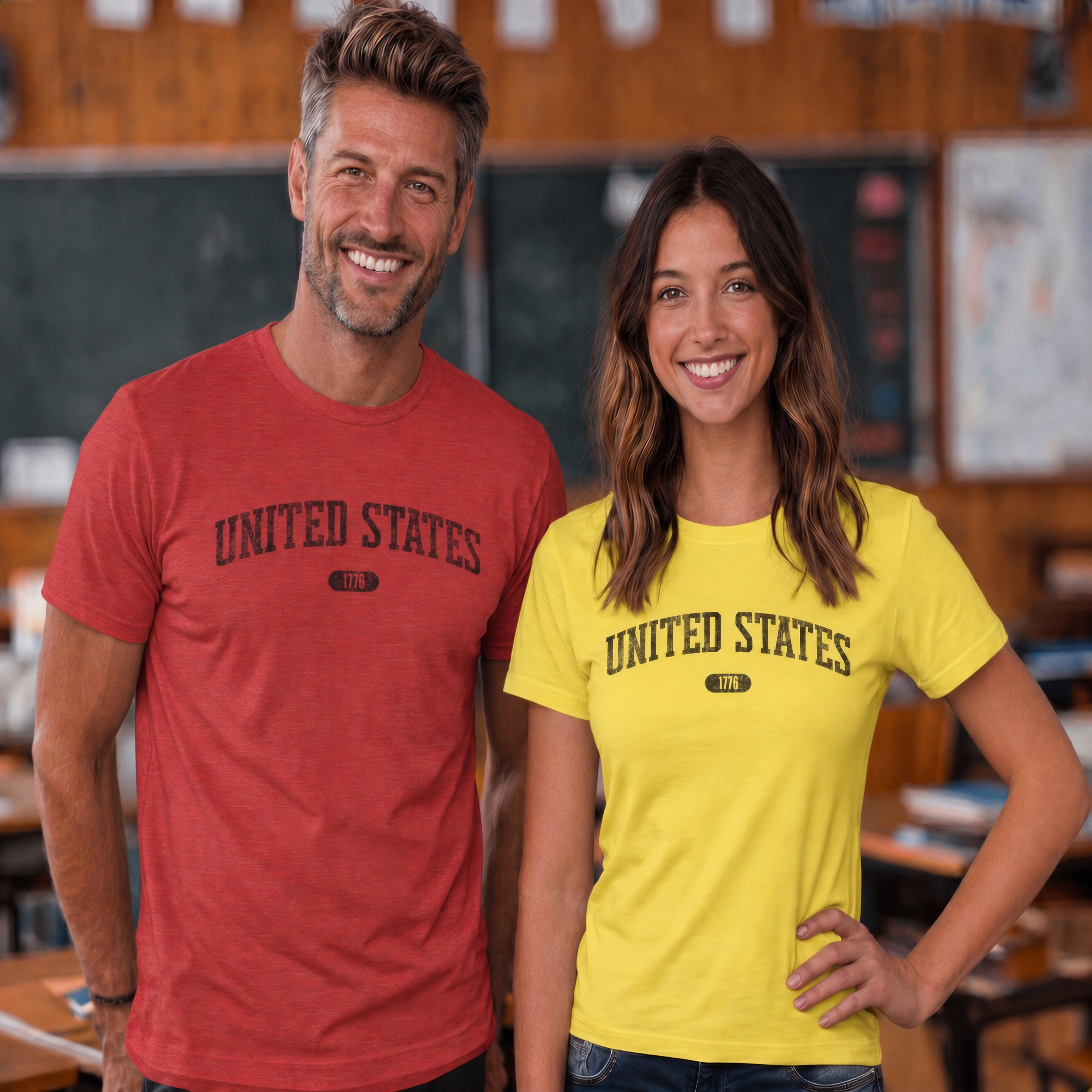 Woman and man teachers wearing tees with 'UNITED STATES 1776' in black collegiate text standing in a classroom.