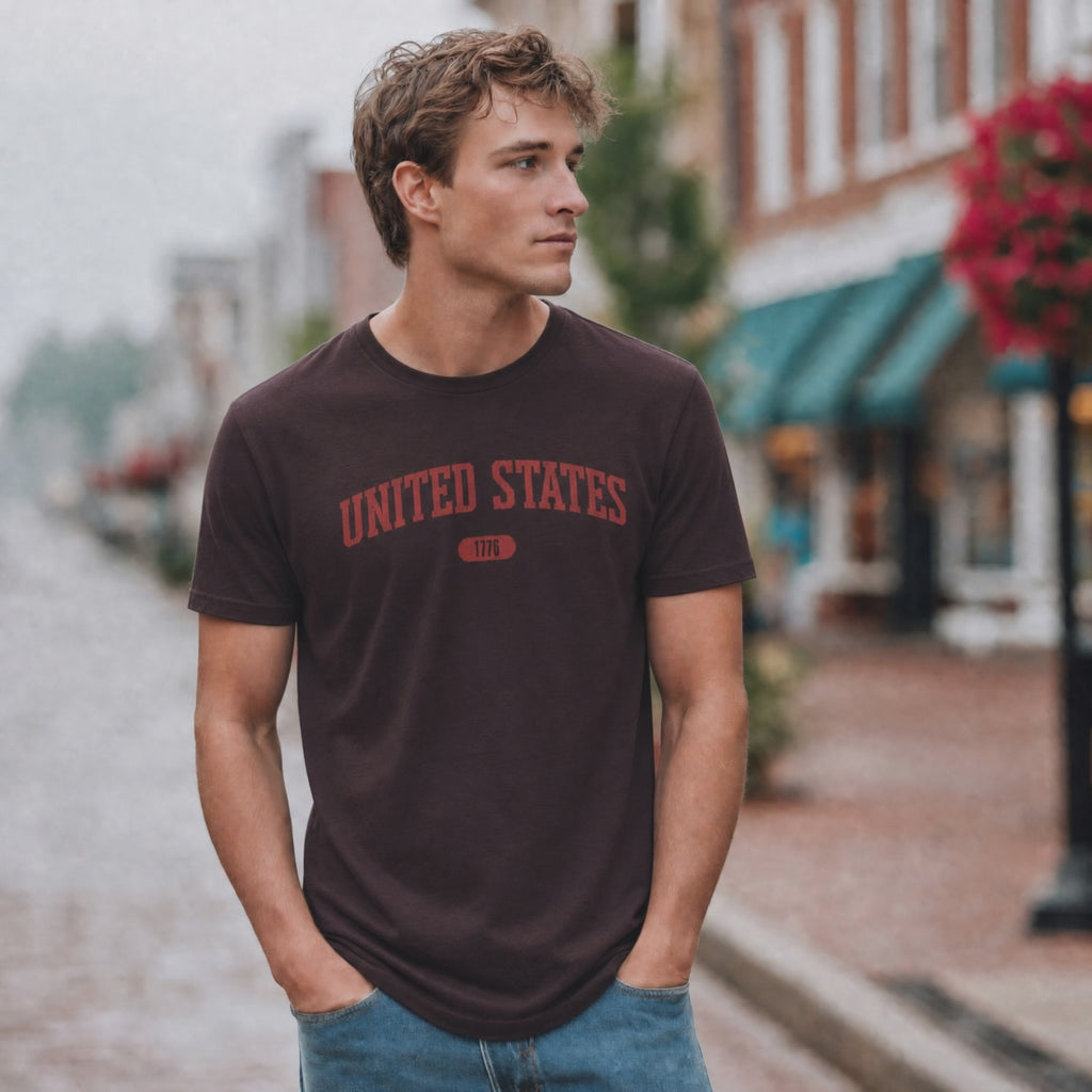 Video of a man wearing an oxblood black t-shirt with 'UNITED STATES 1776' in red collegiate text standing on a downtown street.