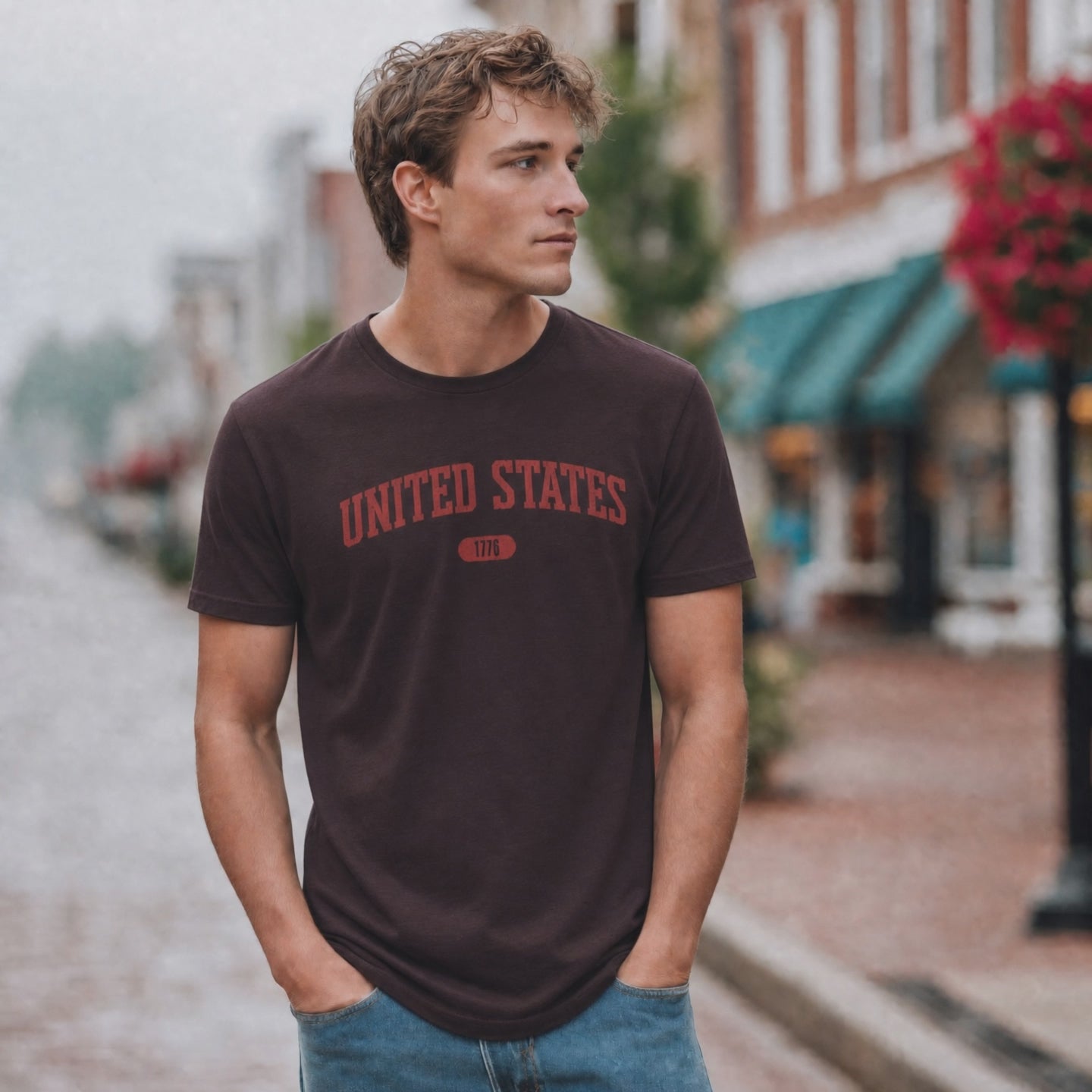 Video of a man wearing an oxblood black t-shirt with 'UNITED STATES 1776' in red collegiate text standing on a downtown street.