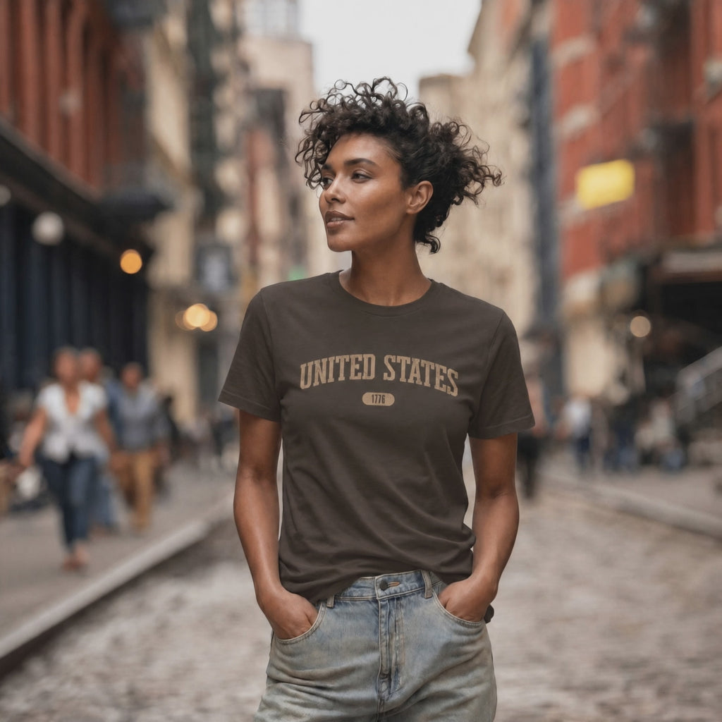Video of a woman wearing a Heather Maroon t-shirt with 'UNITED STATES 1776' in warm tan collegiate text.