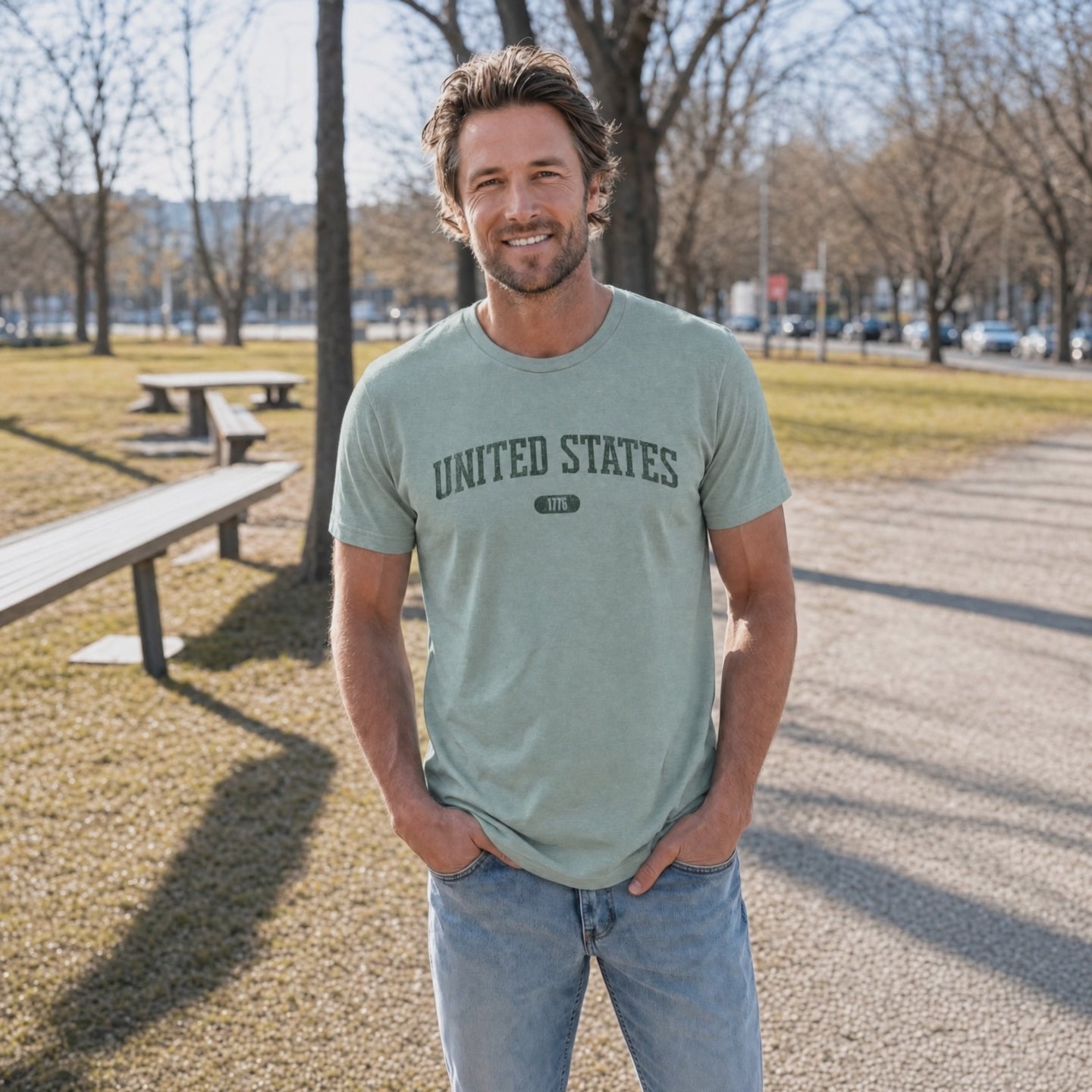 United States 1776 Vintage Collegiate Premium T-Shirt – Green Graphic – Colorful