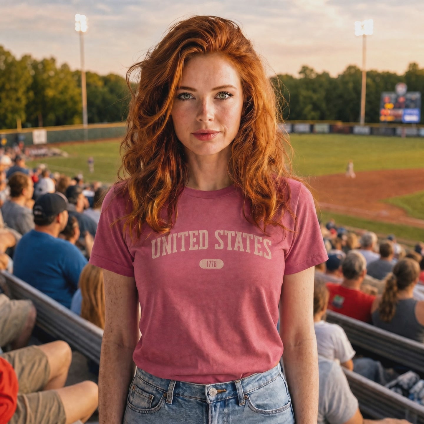 Video of a woman wearing a heather raspberry t-shirt with 'UNITED STATES 1776' in pink collegiate text at a baseball stadium.