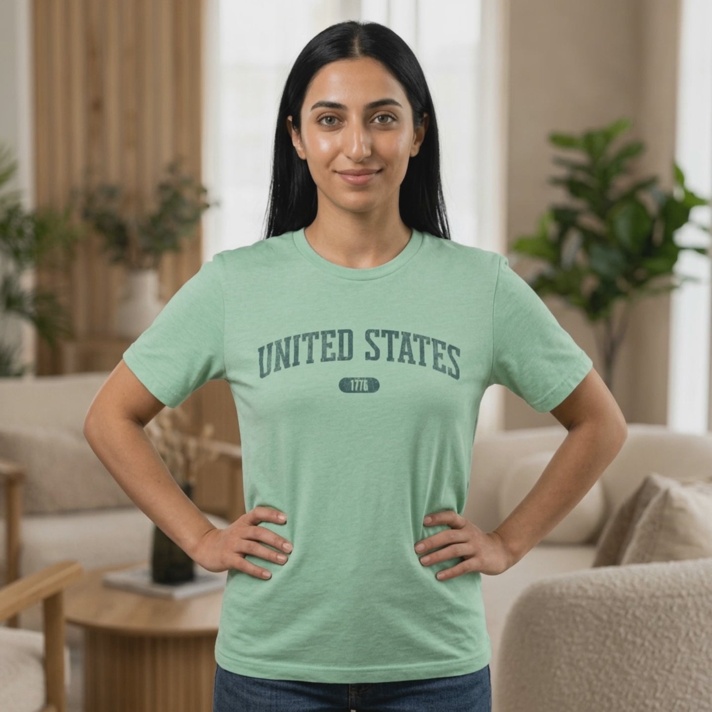 Video of a woman wearing the Heather Mint t-shirt with 'UNITED STATES 1776' in transformative teal collegiate text.