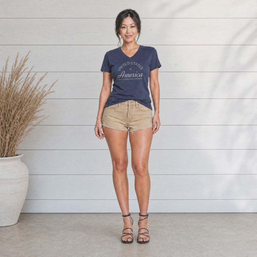 United States of America Land of the Free Home of the Brave Americana Script V-Neck Tee – Silver Gray Graphic